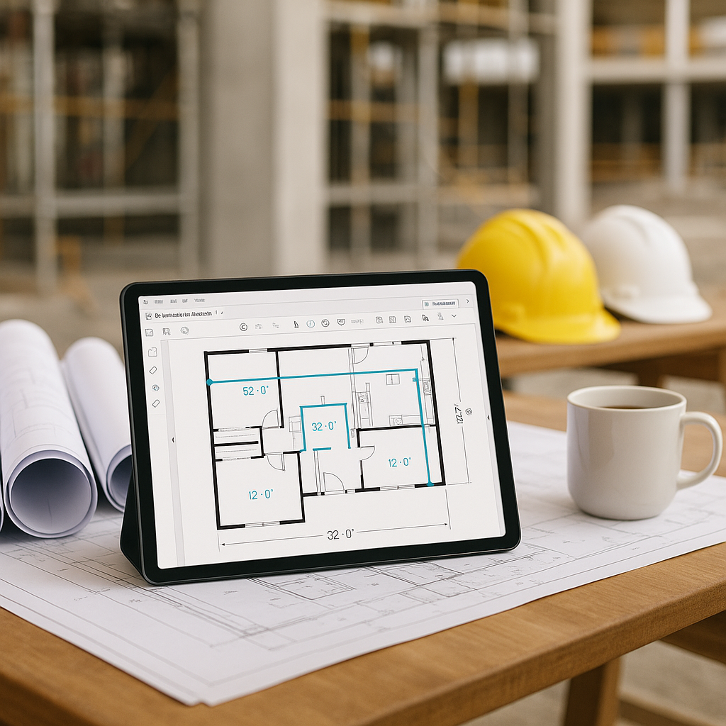 An AI-powered construction estimation interface on a tablet, showing a PDF drawing with automated measurements highlight...