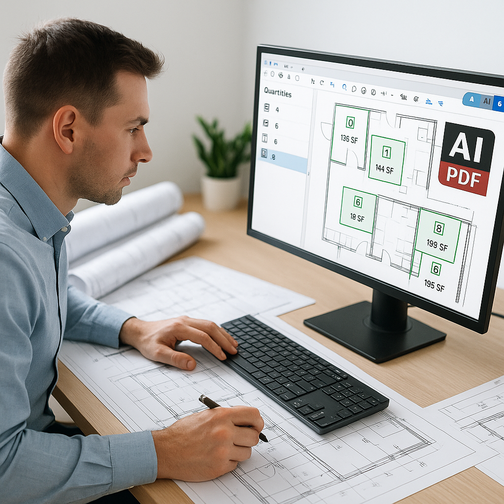 An estimator sitting at a desk surrounded by blueprints and a computer screen showing AI-powered software extracting qua...