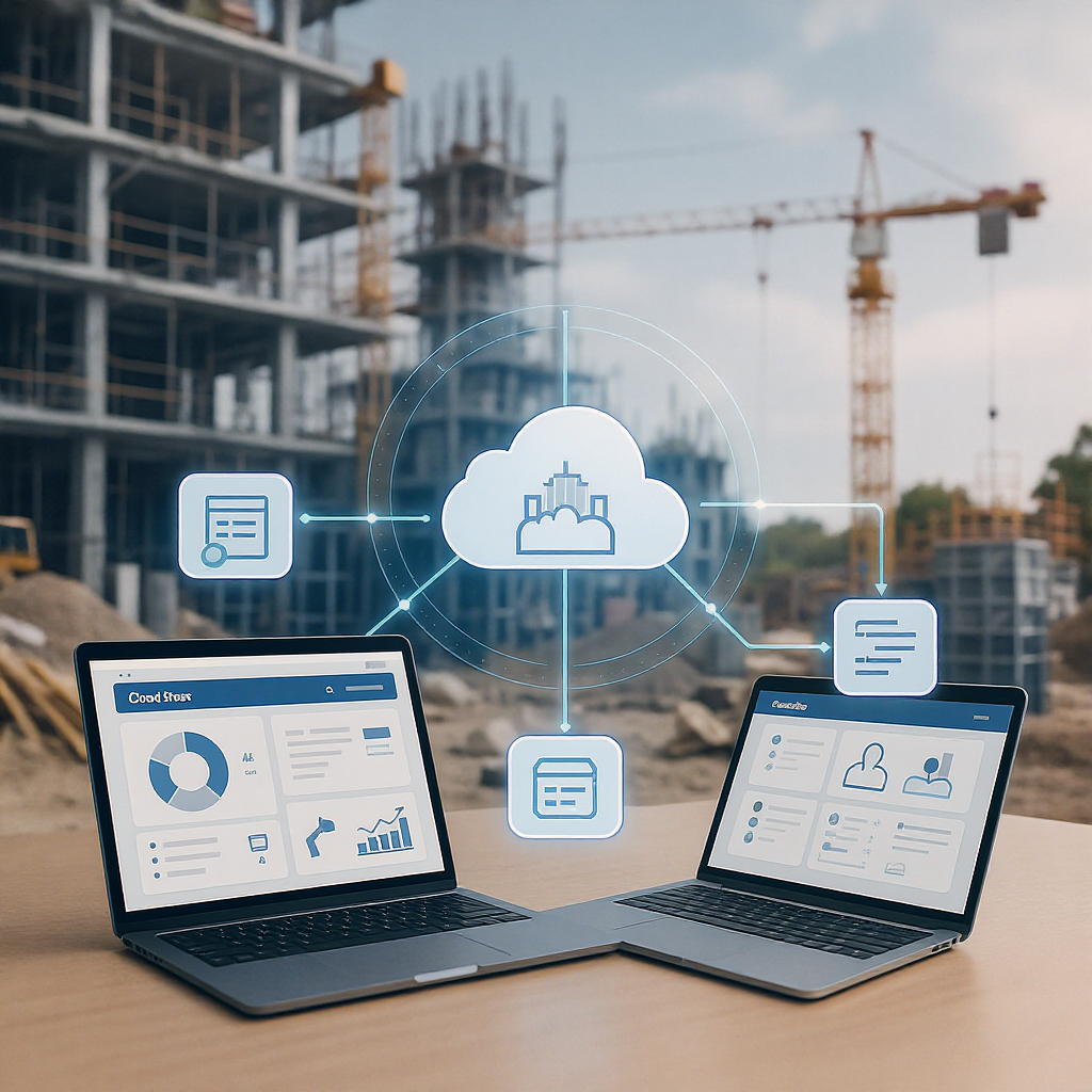 A construction site with multiple locations connected digitally via cloud systems, showing dashboards and workflows on d...