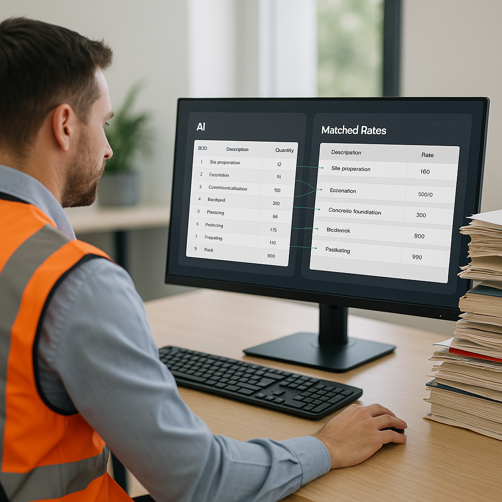 A construction estimator sitting at a desk with a large monitor showing an AI-powered rate matching tool, side-by-side w...