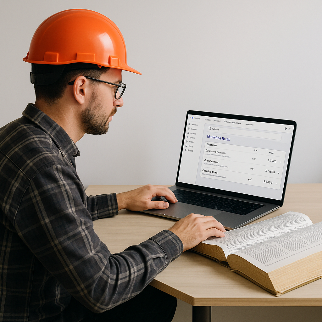 A construction estimator sitting at a desk with a cluttered rate book and a laptop displaying AI-powered preconstruction...