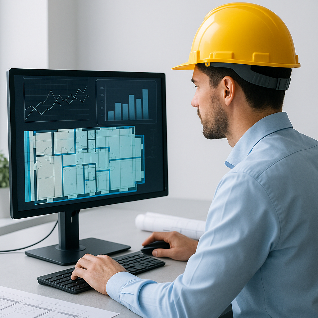 A construction estimator at a desk using AI-powered software to analyze blueprints, with charts and digital overlays on...