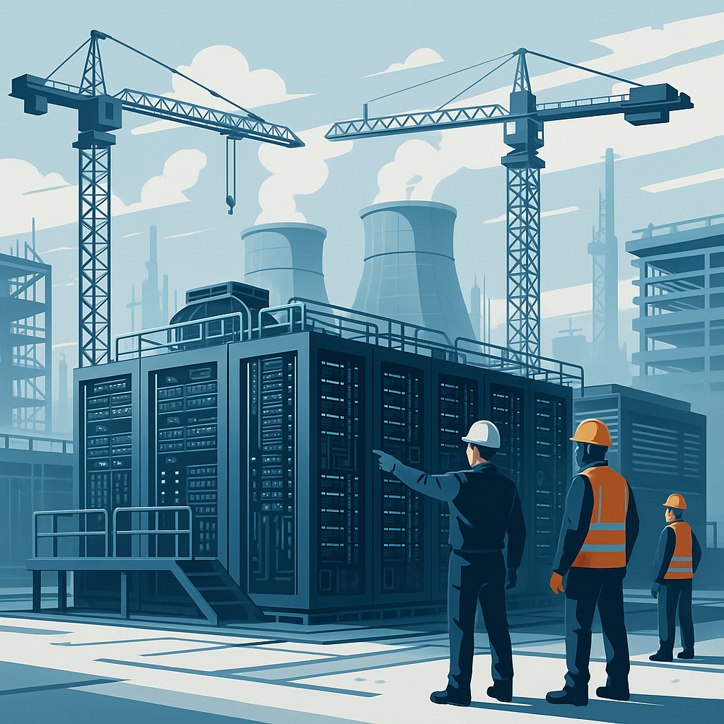 A futuristic data center construction site with cranes, cooling towers, and workers in safety gear, emphasizing technolo...