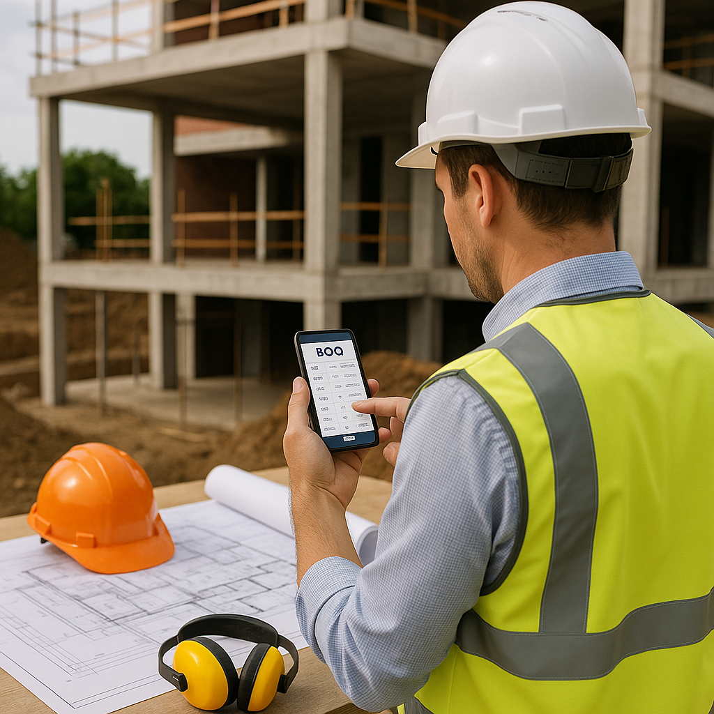 A construction site with a contractor using a mobile app to generate a BOQ, surrounded by blueprints, safety gear, and a...