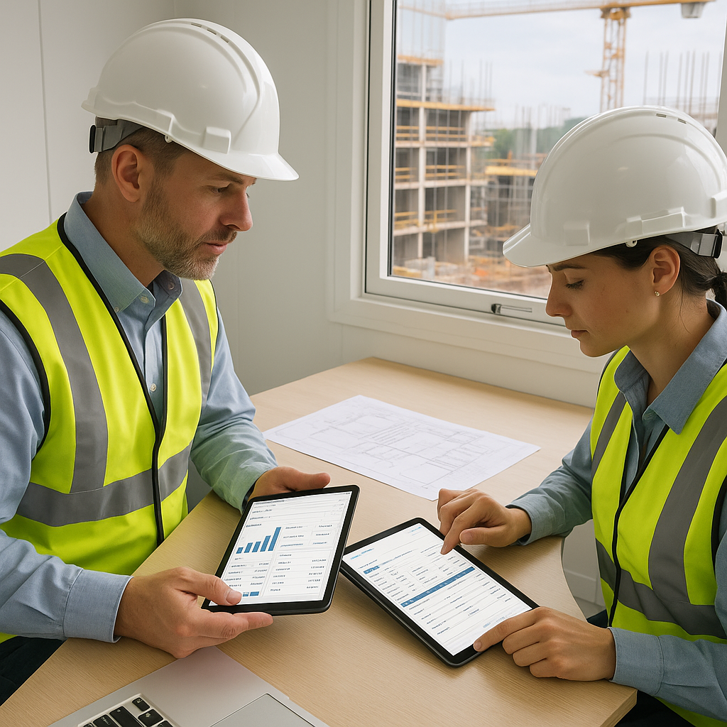 A construction site office with engineers reviewing digital dashboards on tablets, showcasing structured billing workflo...