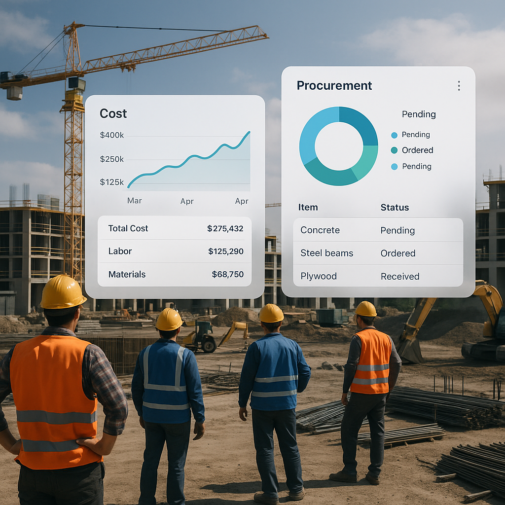 A modern construction site with AI-driven dashboards overlaying real-time cost tracking and procurement data. Include wo...