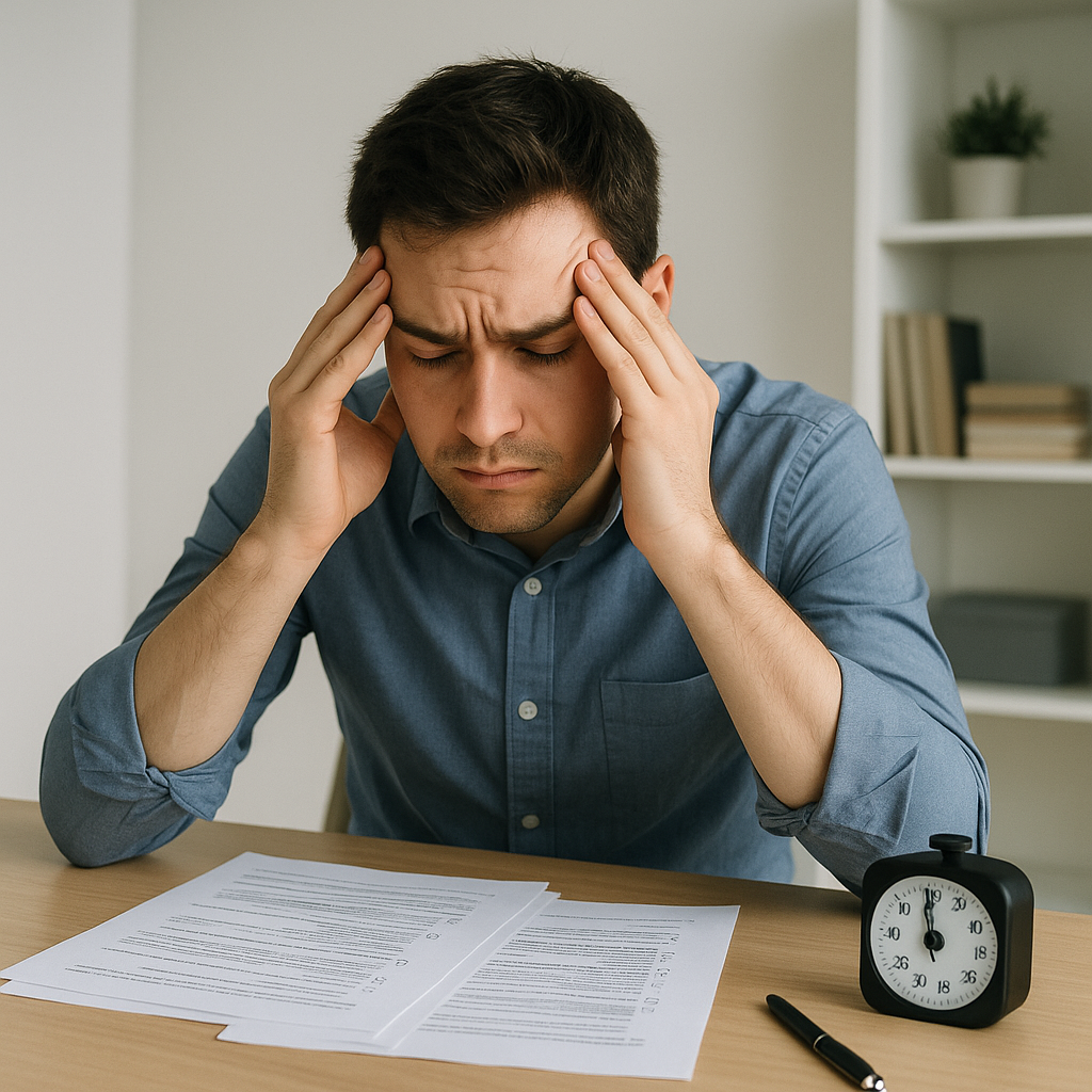 A realistic depiction of a stressed SQE1 candidate sitting at a desk with exam papers and a timer, showcasing exam press...