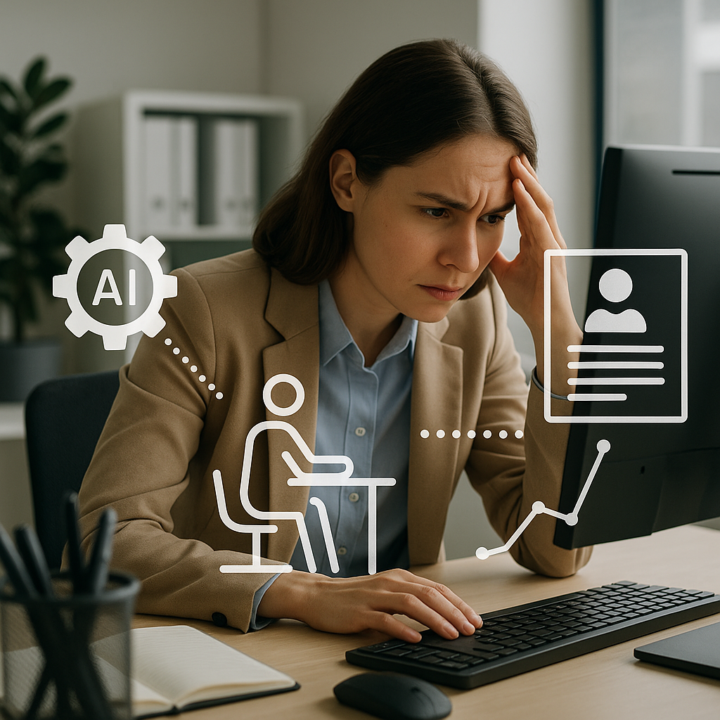An office setting showing a frustrated recruiter staring at a computer screen with overlay graphics of AI-powered resume...