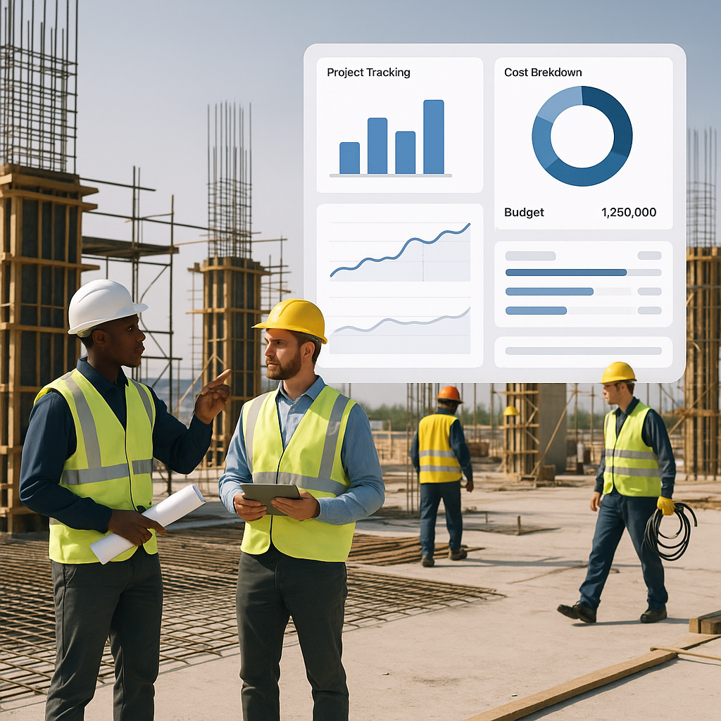A construction site with workers and subcontractors, featuring a digital dashboard overlay showing real-time project tra...