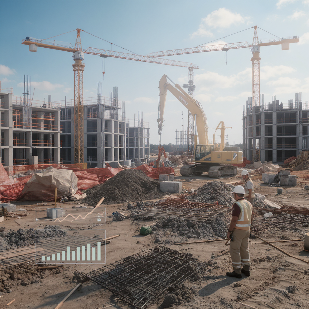 A modern construction site with workers and machinery, overlaid with digital graphs and real-time dashboards visualizing...