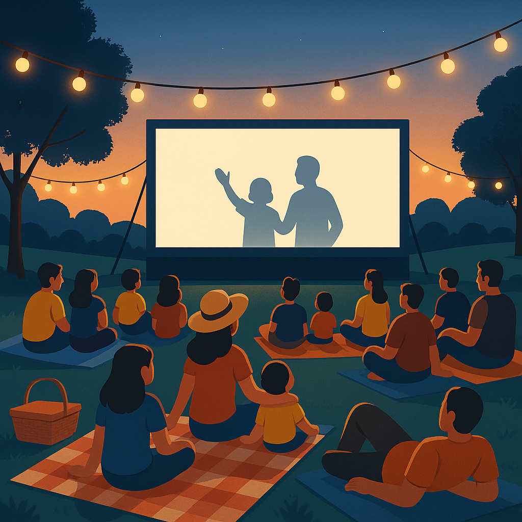 A vibrant outdoor community movie night with families sitting on picnic blankets, a large screen, and warm string lights...