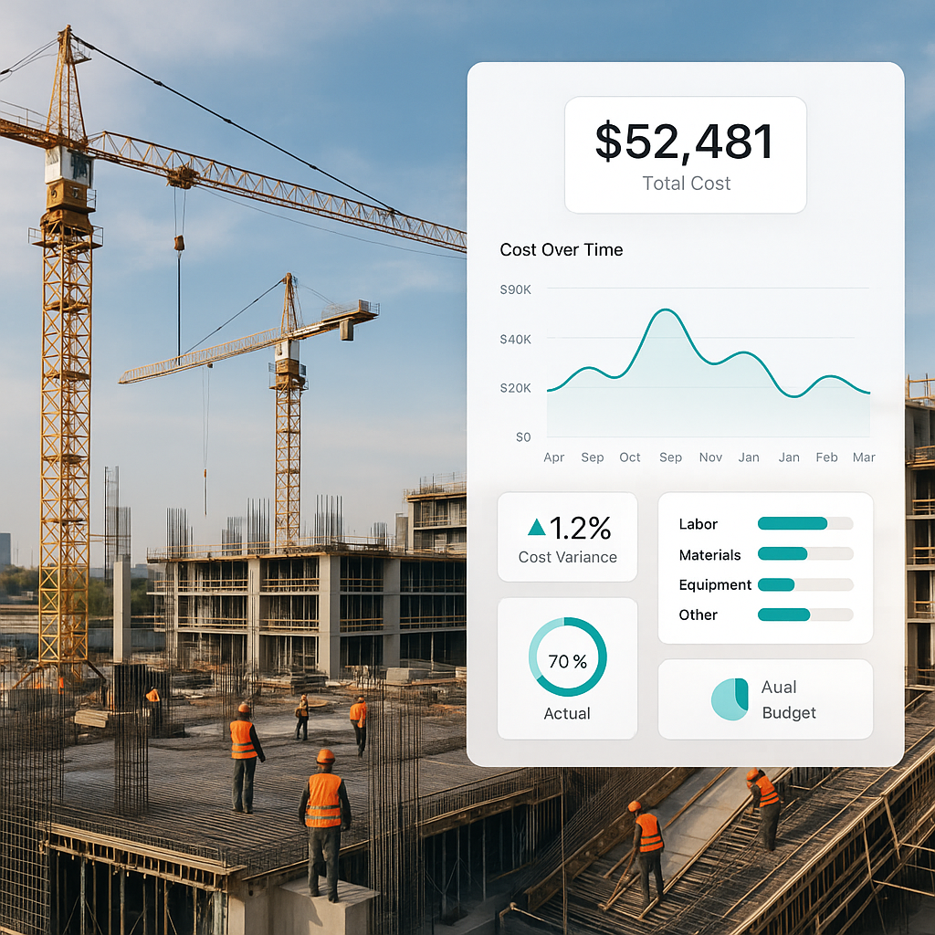 A construction site with multiple cranes and workers, overlaid with a digital dashboard displaying real-time cost tracki...