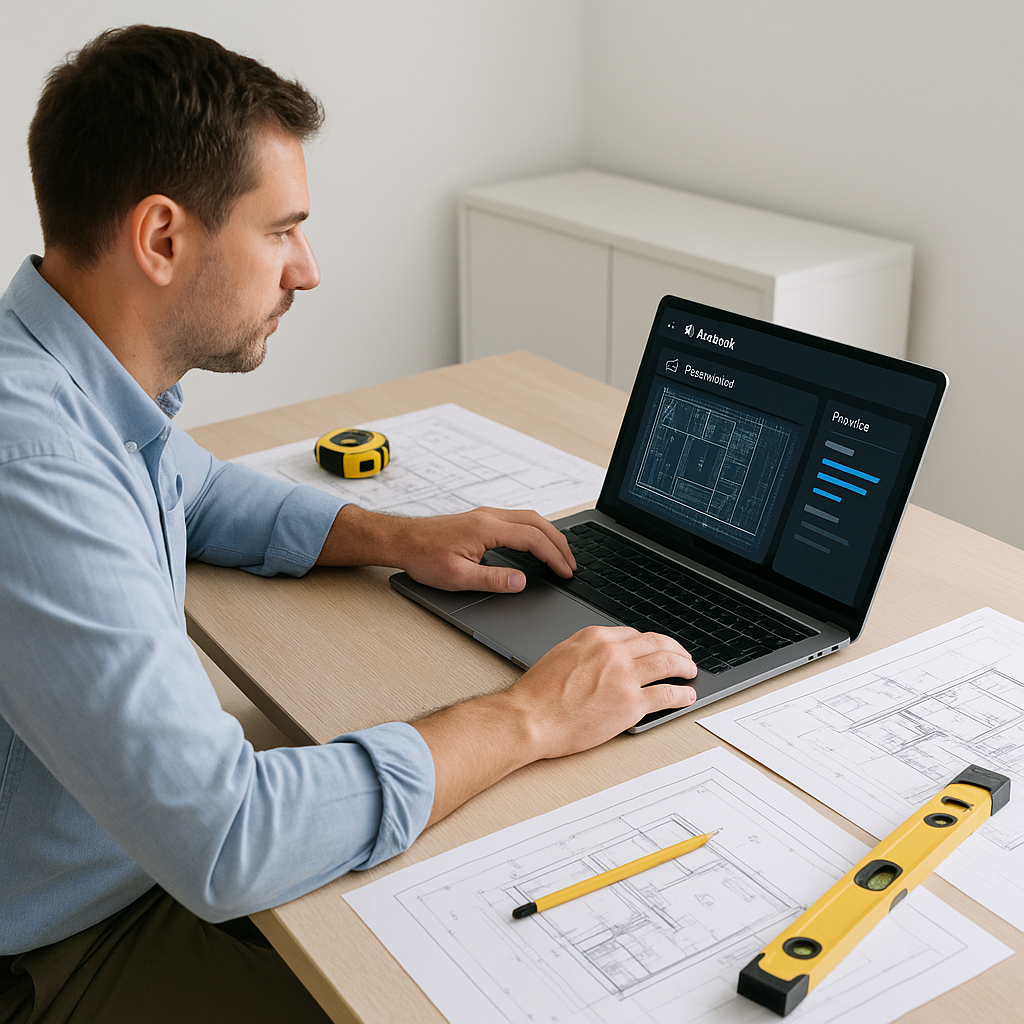 A construction estimator at a desk with a laptop, showing an AI tool analyzing PDF blueprints, surrounded by paper drawi...