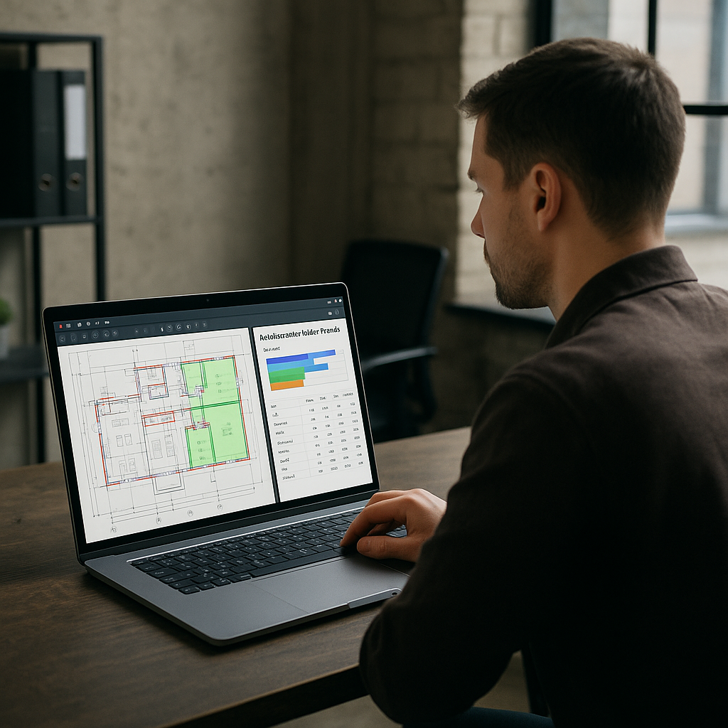 A construction estimator using AI software on a laptop, with PDF drawings on one side and automated takeoff results on t...