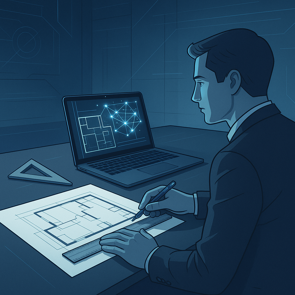 A detailed illustration showing an estimator comparing manual takeoffs (paper, scale, and ruler) to an AI-powered tool o...