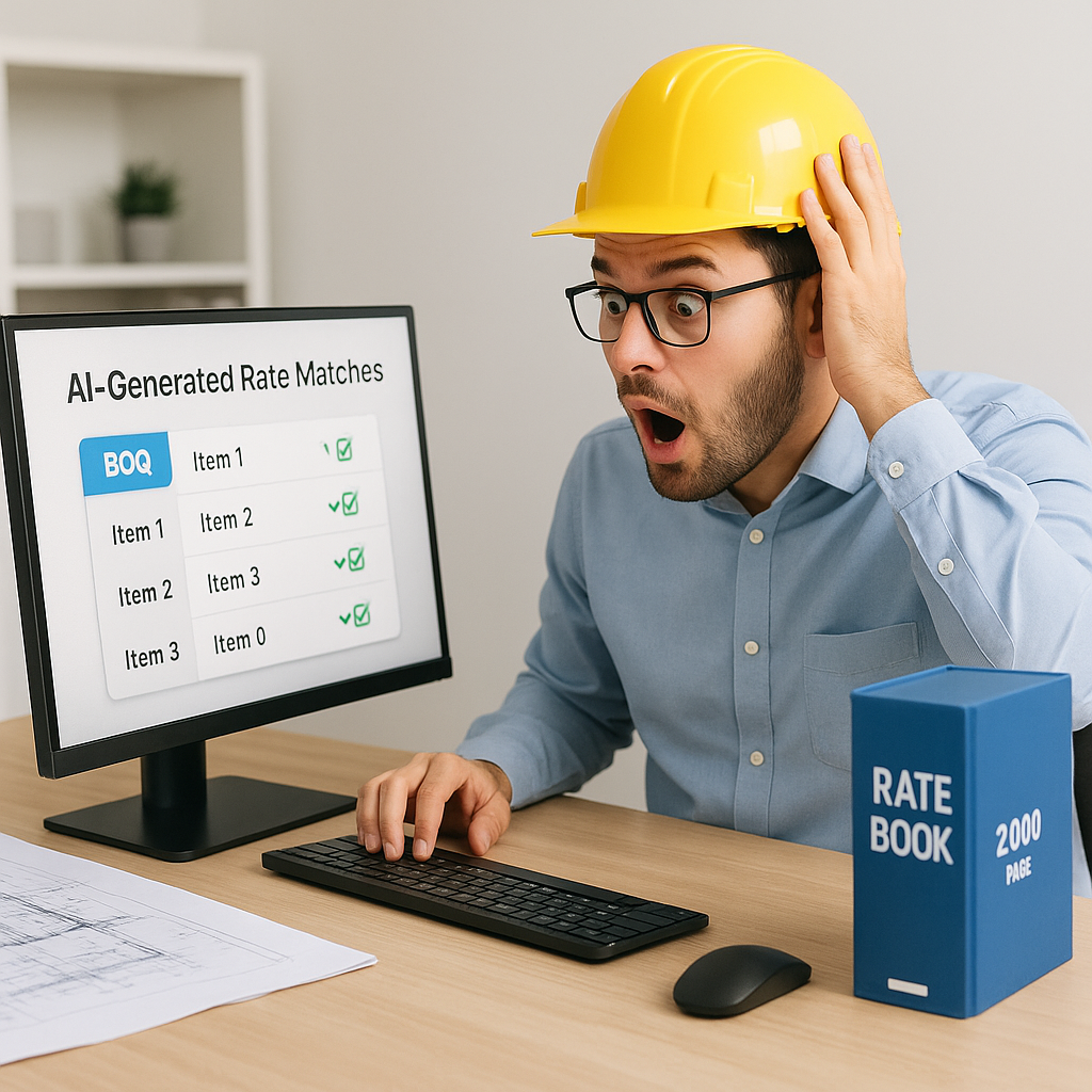 A construction estimator at a desk, surprised while looking at a computer screen displaying AI-generated rate matches fo...