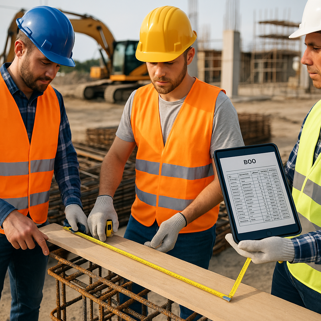 A construction site with workers measuring materials, a visible BOQ sheet on a tablet, and machinery in the background,...