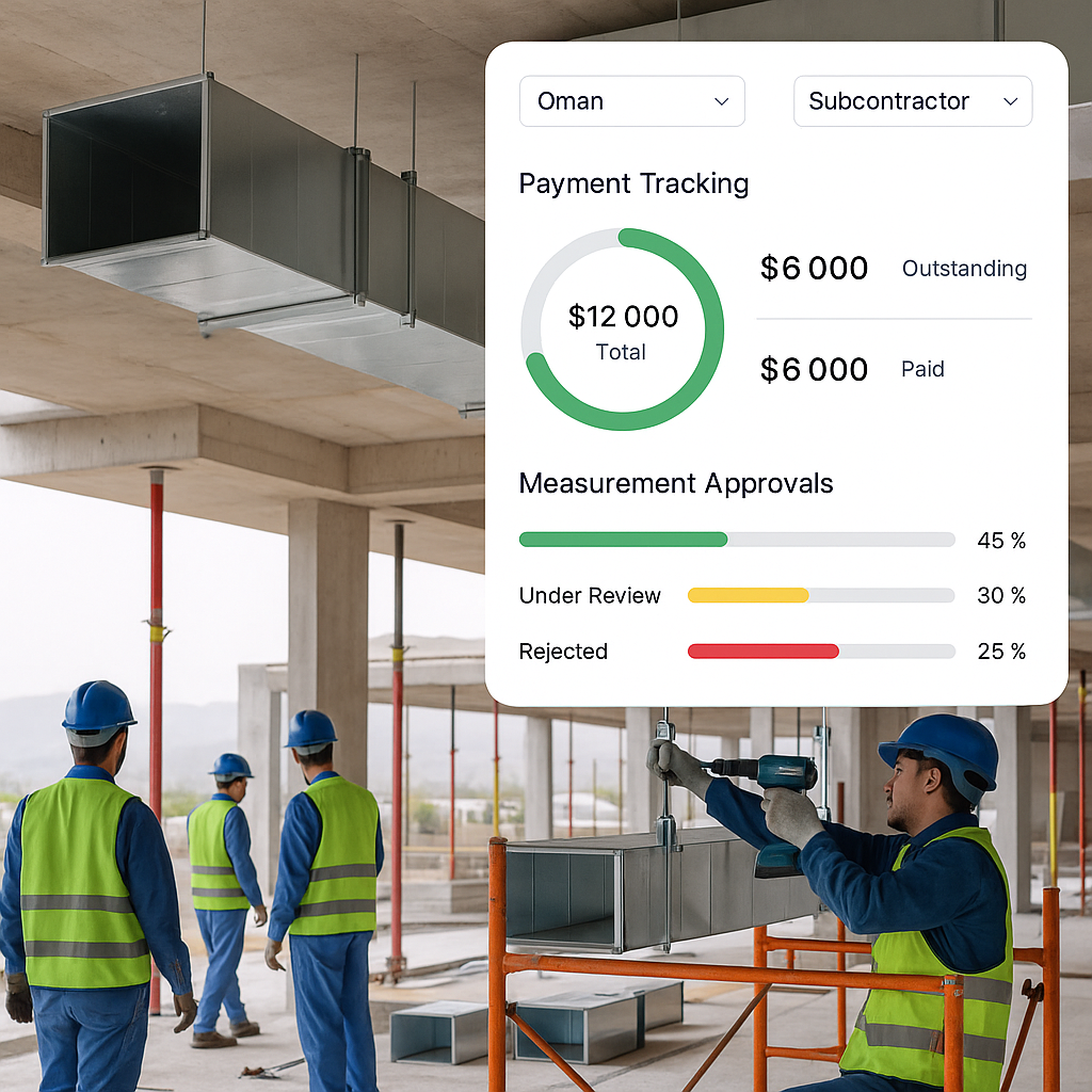 A construction site in Oman with subcontractors working on HVAC ducting, overlaid with a digital dashboard displaying pa...