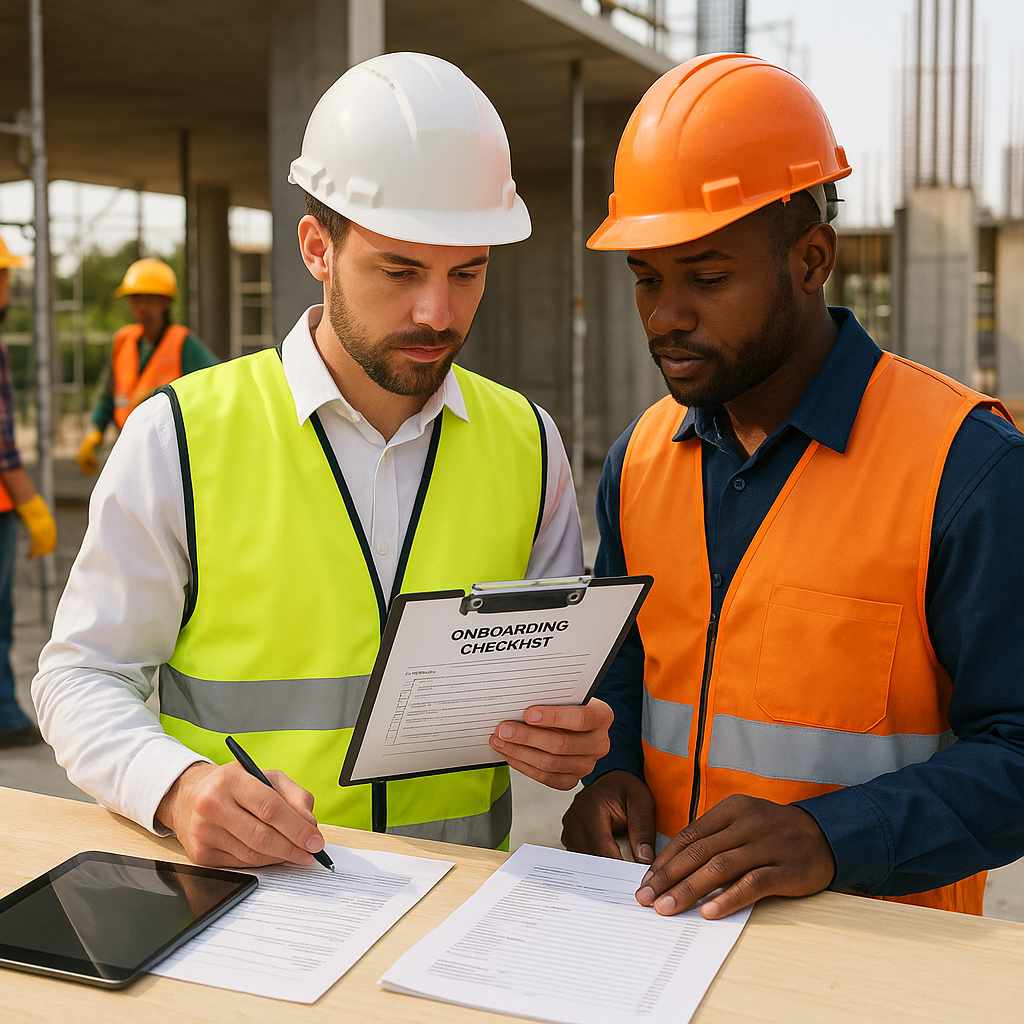 A construction site with a project manager reviewing a subcontractor's onboarding checklist. Include documents, tablets,...