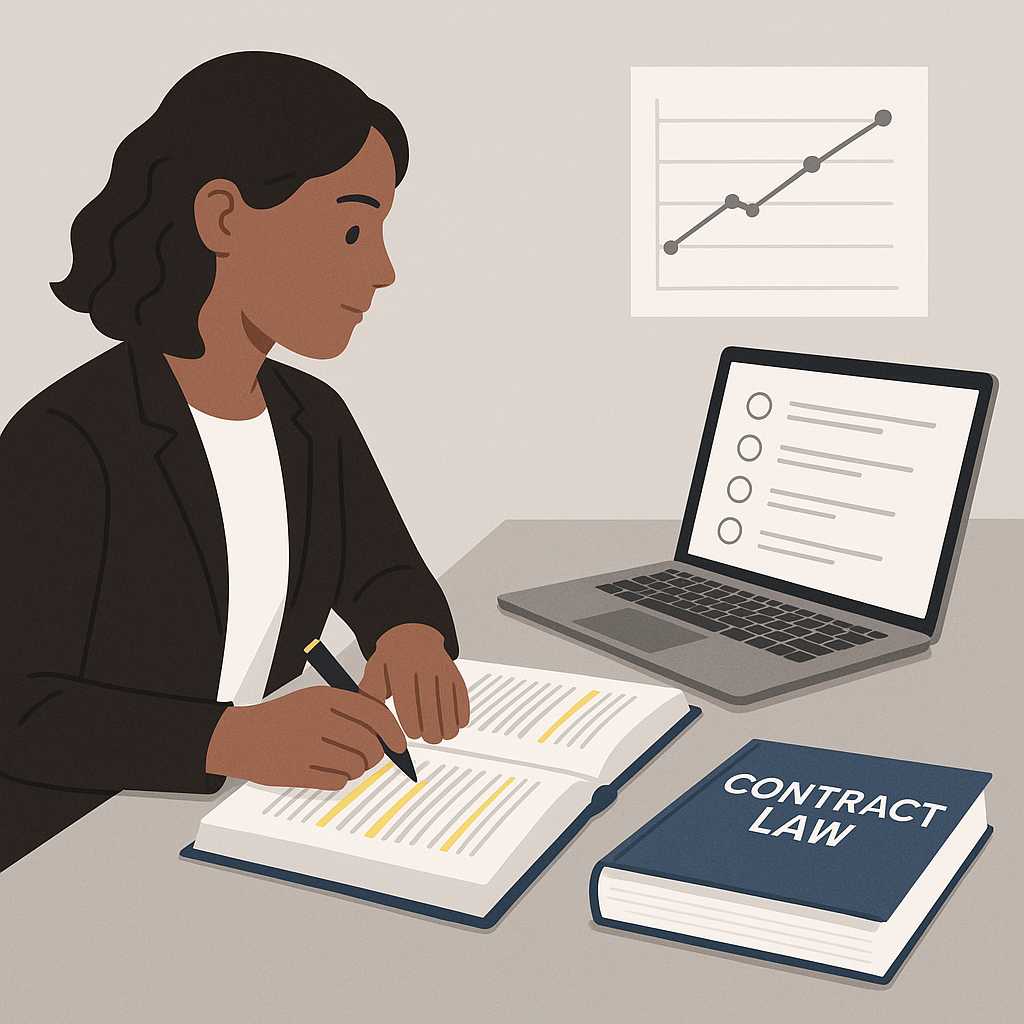 A paralegal studying at a desk with highlighted legal textbooks, a laptop displaying multiple-choice questions, and a pr...