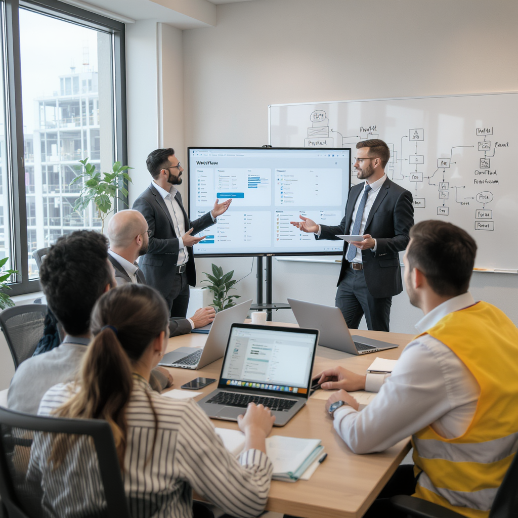 A training session in a construction site office, with employees gathered around laptops, ERP dashboards visible on scre...