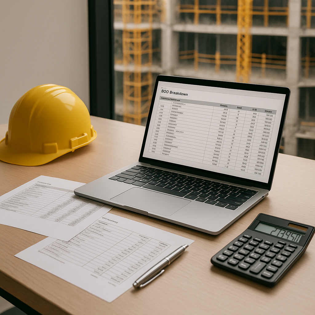 A contractor's desk with a laptop showing a BOQ breakdown, paper estimates, and a calculator, set against a construction...