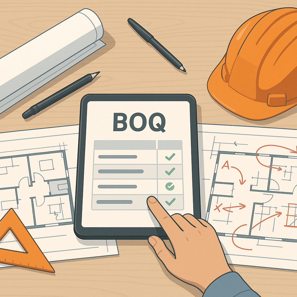 A detailed illustration of a contractor's desk with blueprints, a tablet showing a digital BOQ workflow, and marked-up c...