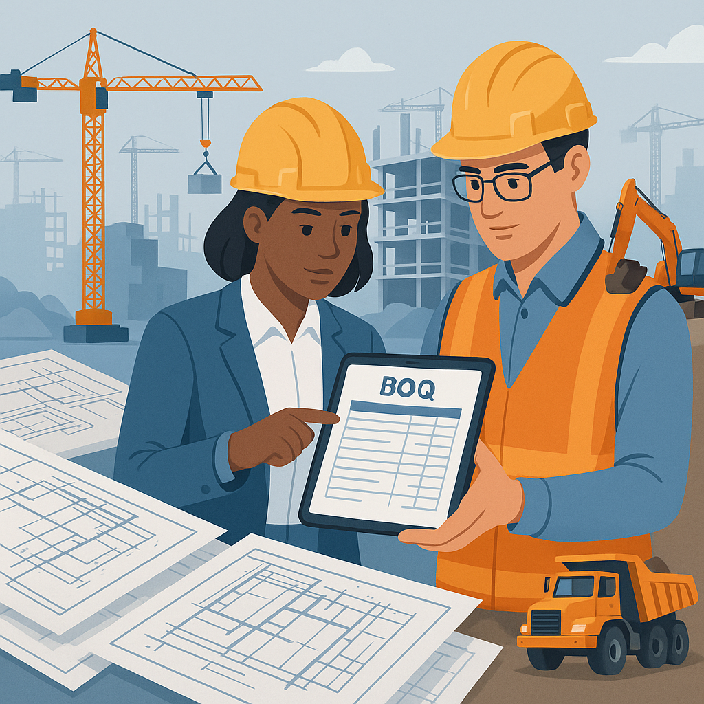 A detailed illustration of a construction site with engineers reviewing a BOQ on a tablet, surrounded by blueprints and...