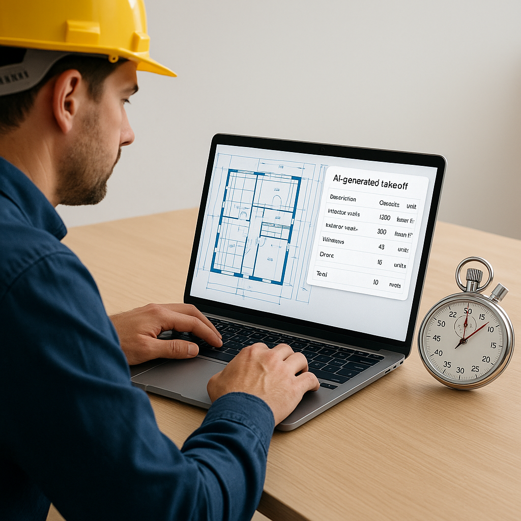 A construction estimator working on a laptop, with digital blueprints and AI-generated takeoff data visible on the scree...