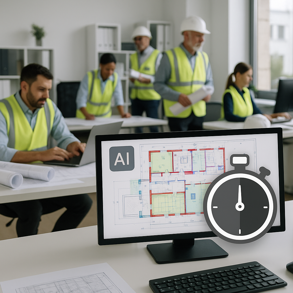 A busy construction office with a digital screen showing AI-powered takeoff software analyzing a complex PDF drawing, wi...
