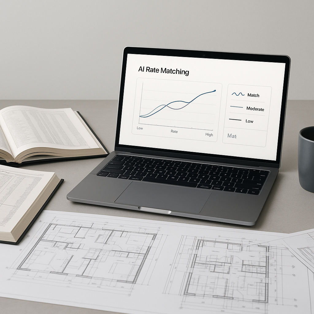 A construction estimator's desk with a laptop showing AI rate matching software, surrounded by open rate books, blueprin...