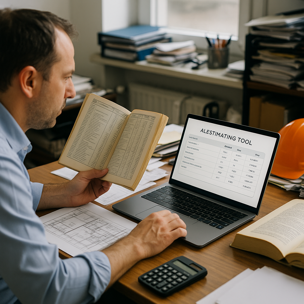 A busy construction estimator in a cluttered office comparing physical rate books and a sleek AI-powered tool on a lapto...