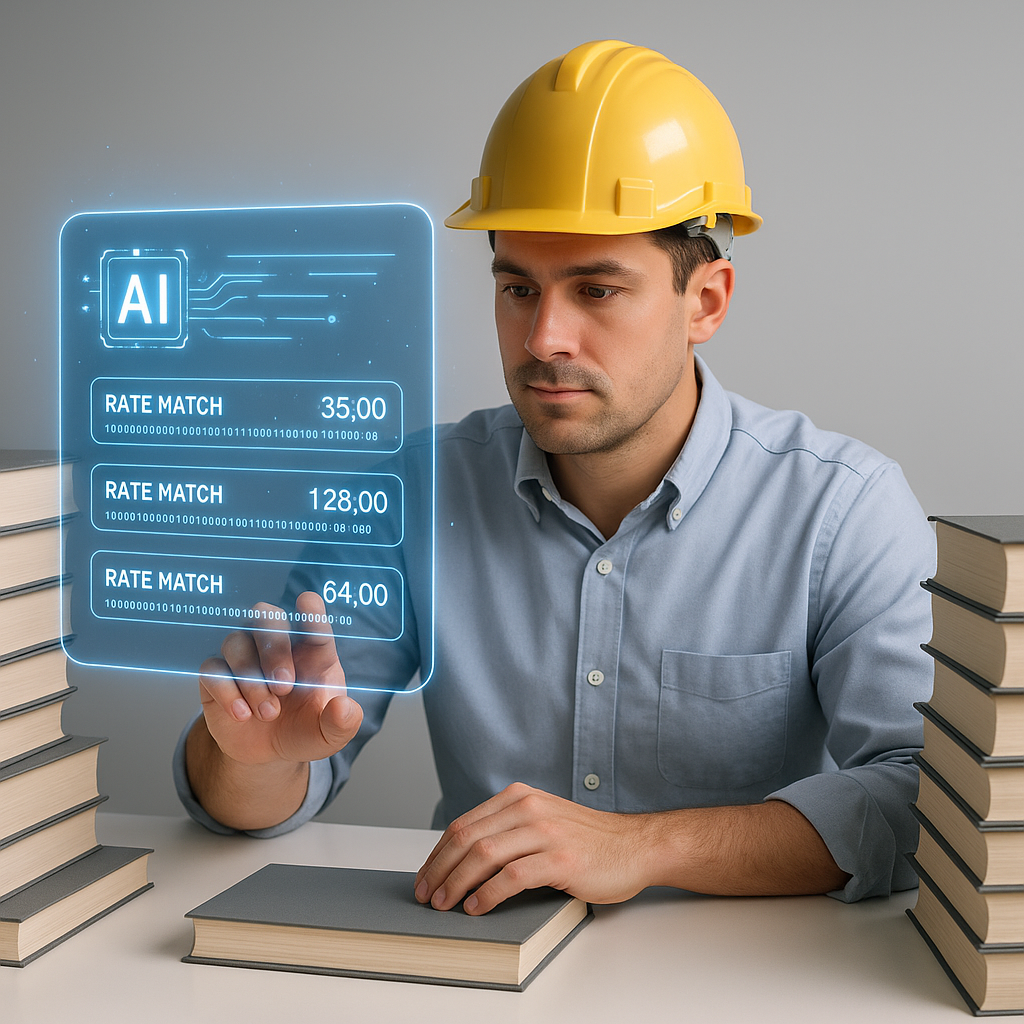 A construction estimator surrounded by piles of rate books, with a glowing AI interface projecting rate matches in secon...