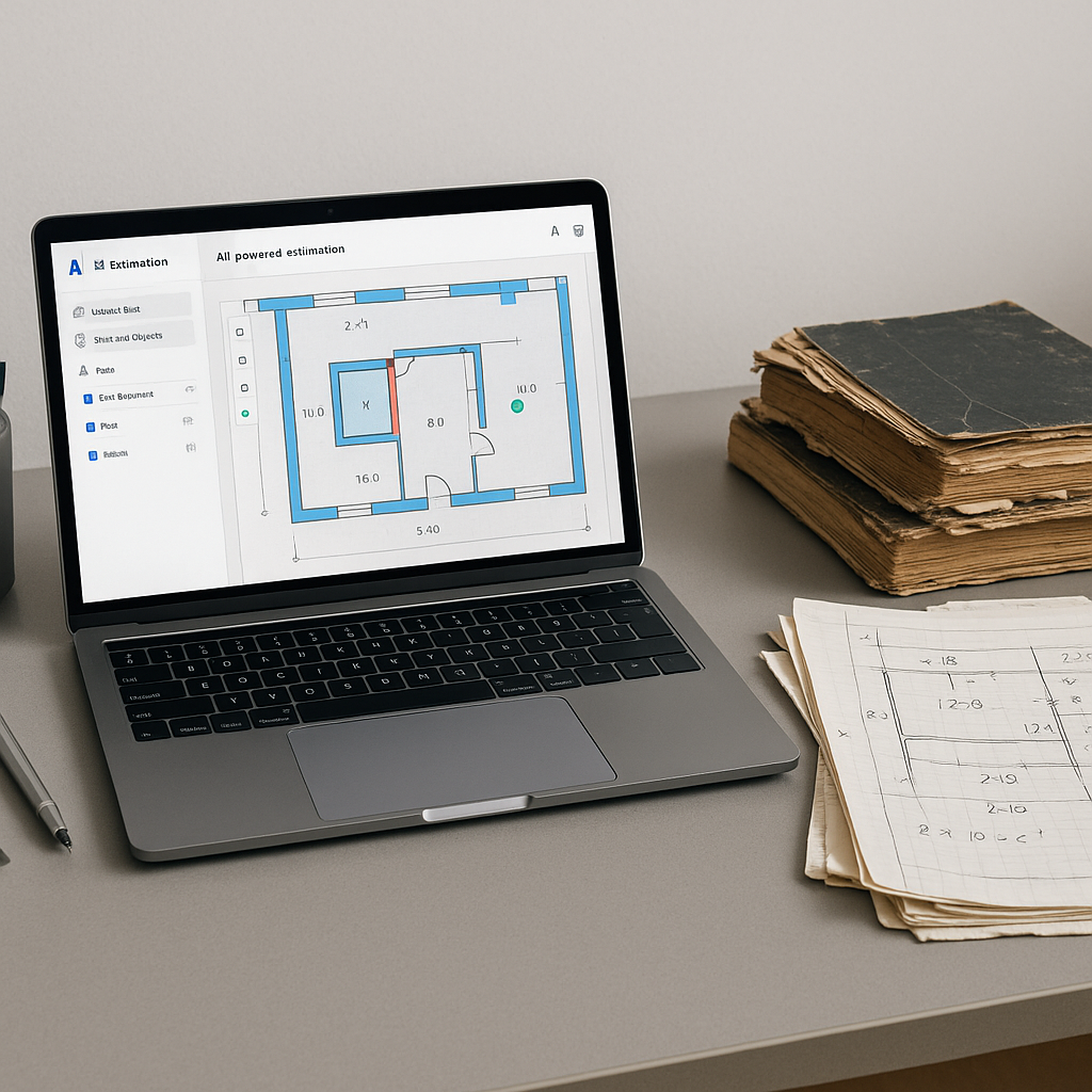 A construction estimator's desk with a laptop running AI-powered estimation software, side-by-side with messy rate books...