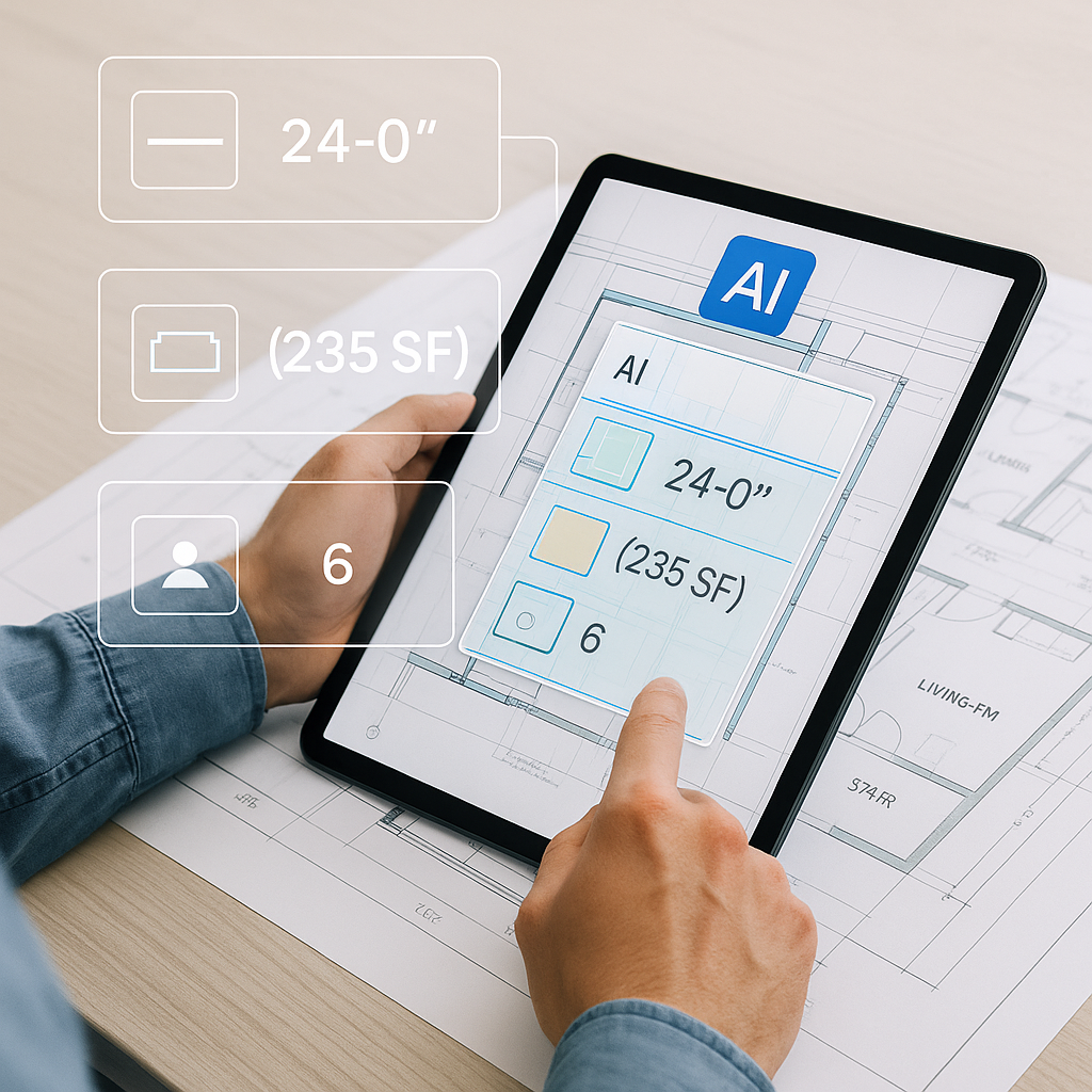 A construction estimator using an AI-powered tool on a tablet, with blueprint drawings and a digital interface overlay s...