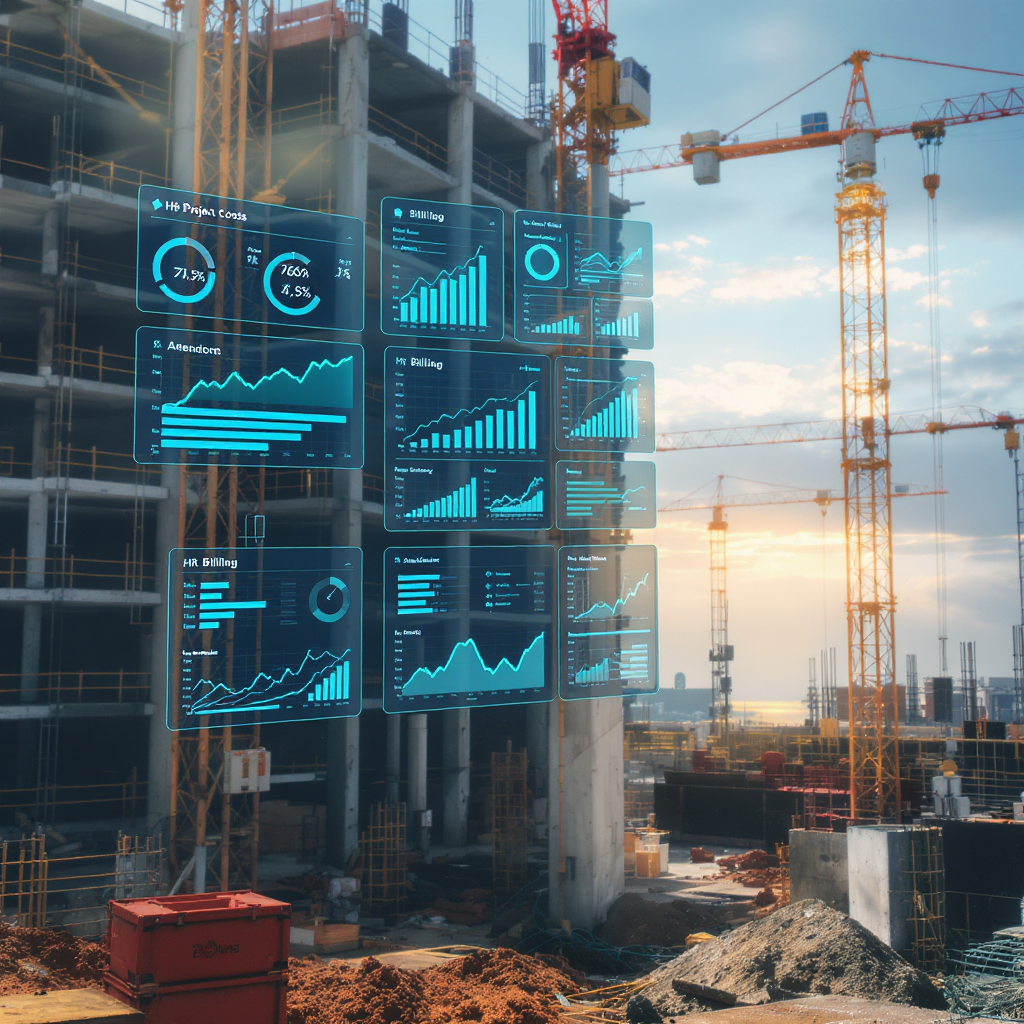 A construction site with interconnected digital dashboards floating above workers, showing real-time metrics like projec...