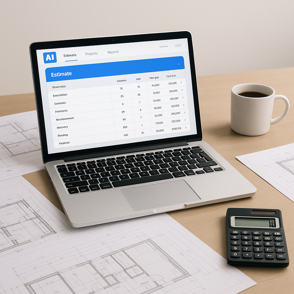 A construction estimator's desk with a laptop displaying an AI-powered estimation tool interface, surrounded by blueprin...