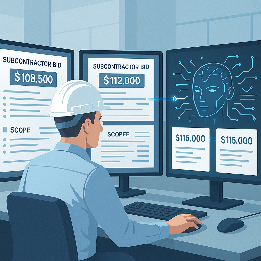 A construction estimator in an office surrounded by multiple subcontractor bids on the screen, with a futuristic AI inte...