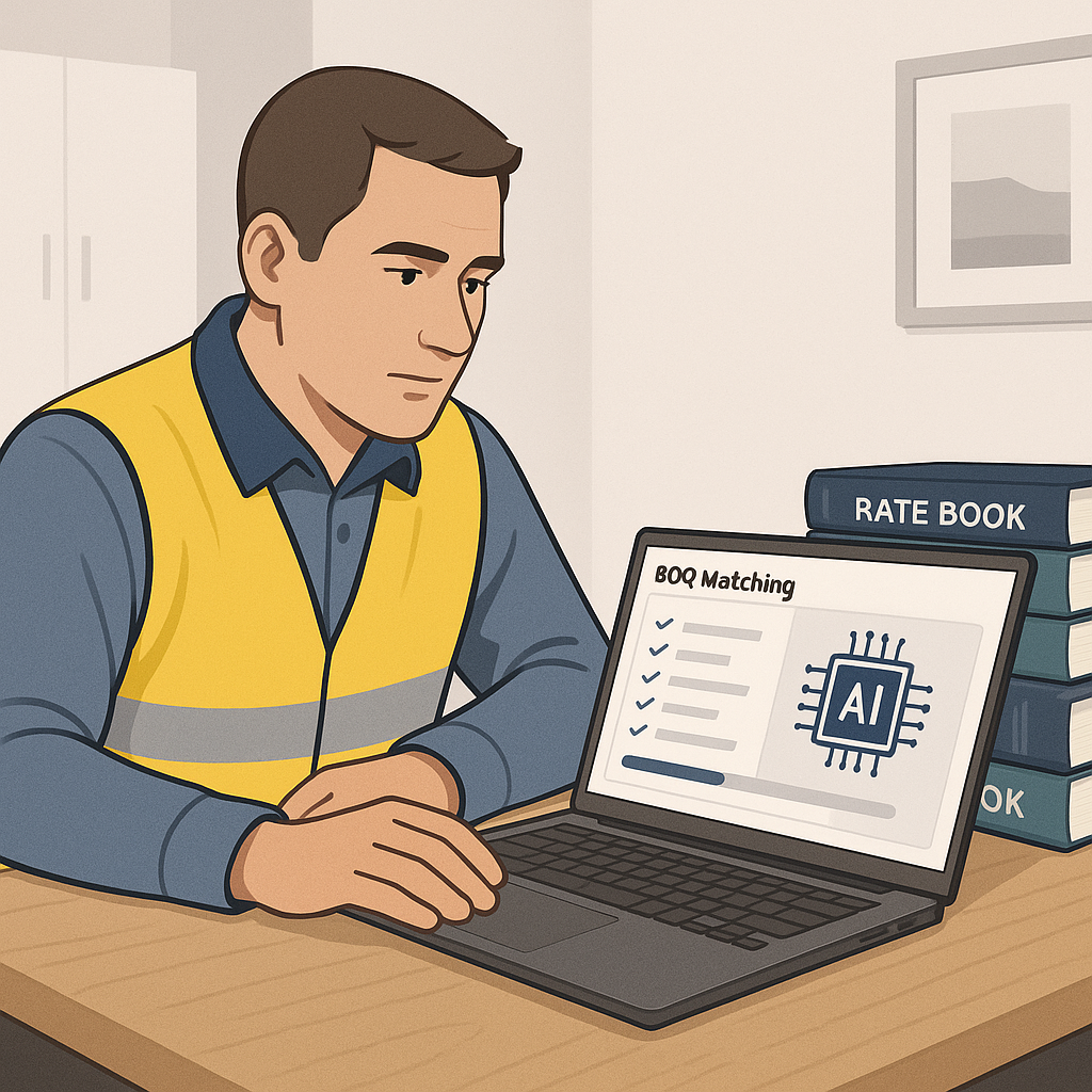 A realistic illustration of a construction estimator at a desk, with AI-powered software on a laptop screen showing BOQ...