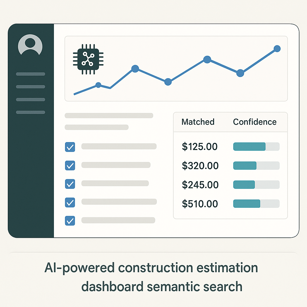 An AI-powered construction estimation dashboard with semantic search results, showing matched rates and confidence score...