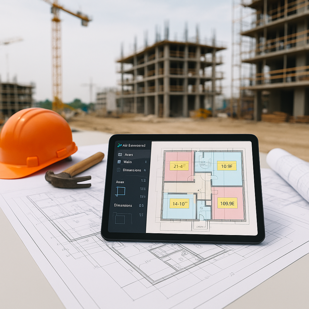 A construction site with blueprints and a digital tablet displaying AI-powered takeoff software, featuring highlighted d...