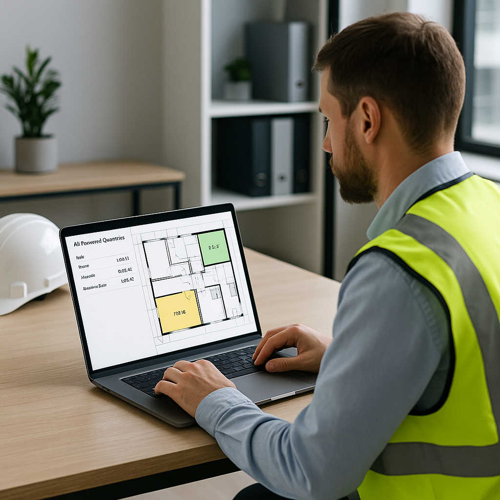 A construction estimator using a laptop with AI-powered software, reviewing a digital floor plan with highlighted quanti...