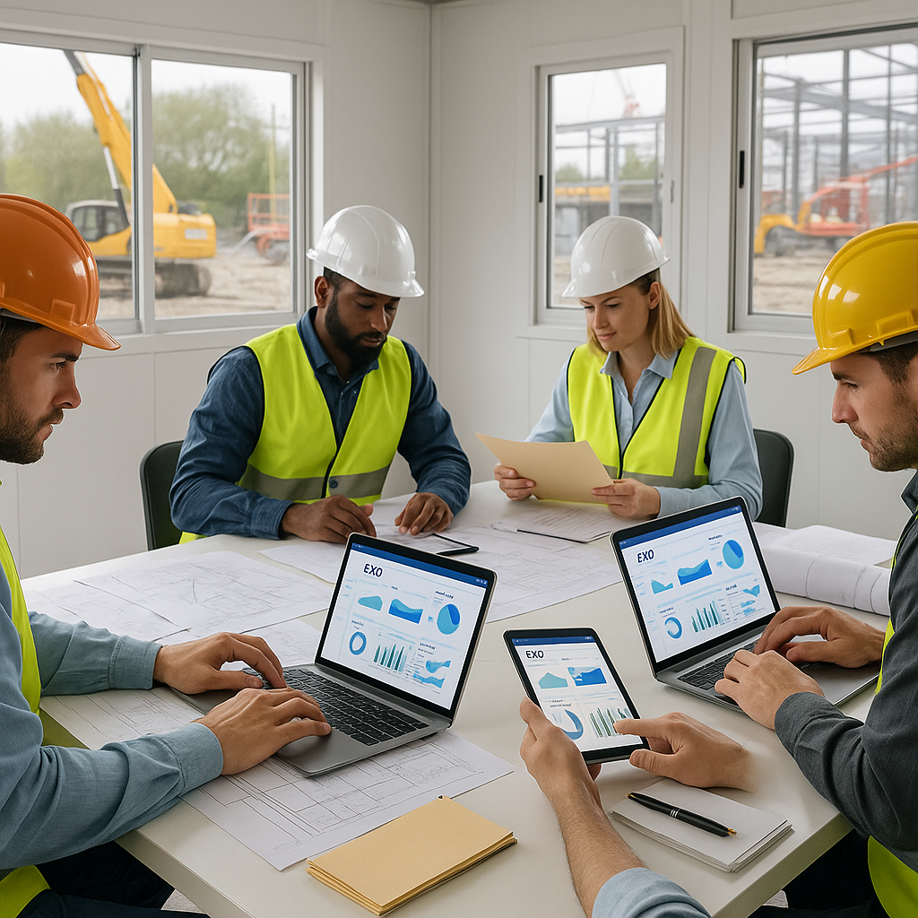 A busy construction site office with project managers using a sleek ERP system on laptops and tablets, surrounded by pap...
