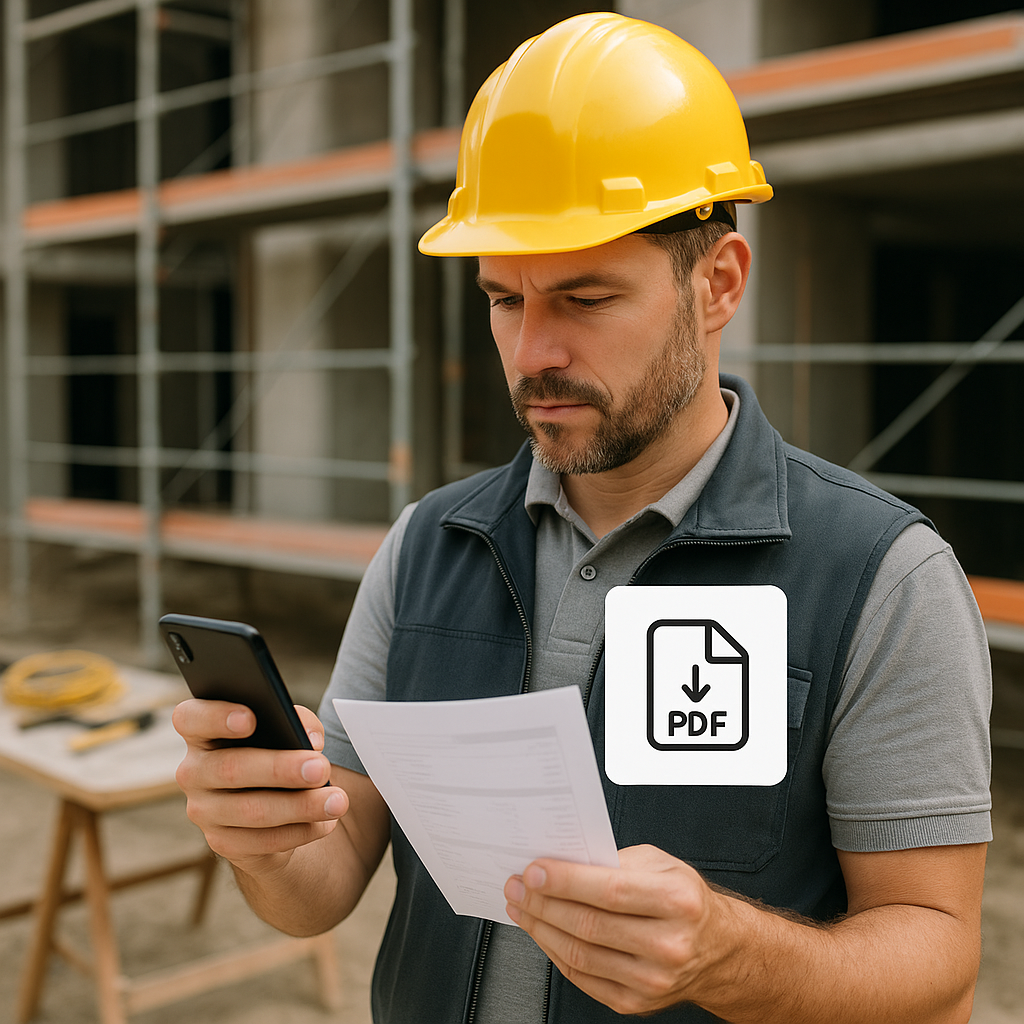 A contractor standing on-site with a smartphone, generating a PDF quote in real-time, with clear construction elements i...