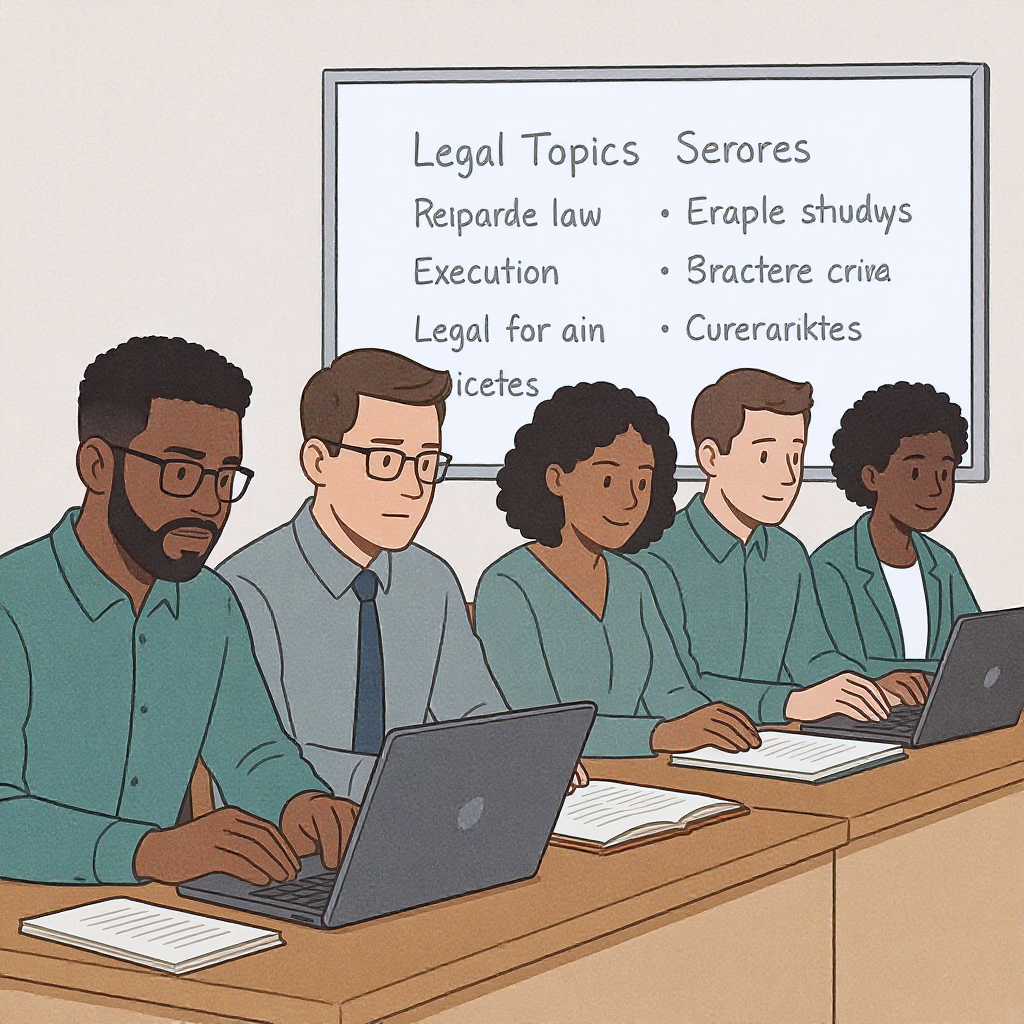An illustration of a diverse group of young professionals sitting at desks with laptops and study materials, preparing f...