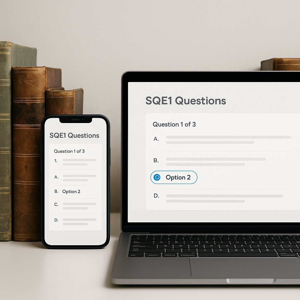 A modern digital study interface showing SQE1 multiple-choice questions on a phone and laptop, surrounded by outdated le...