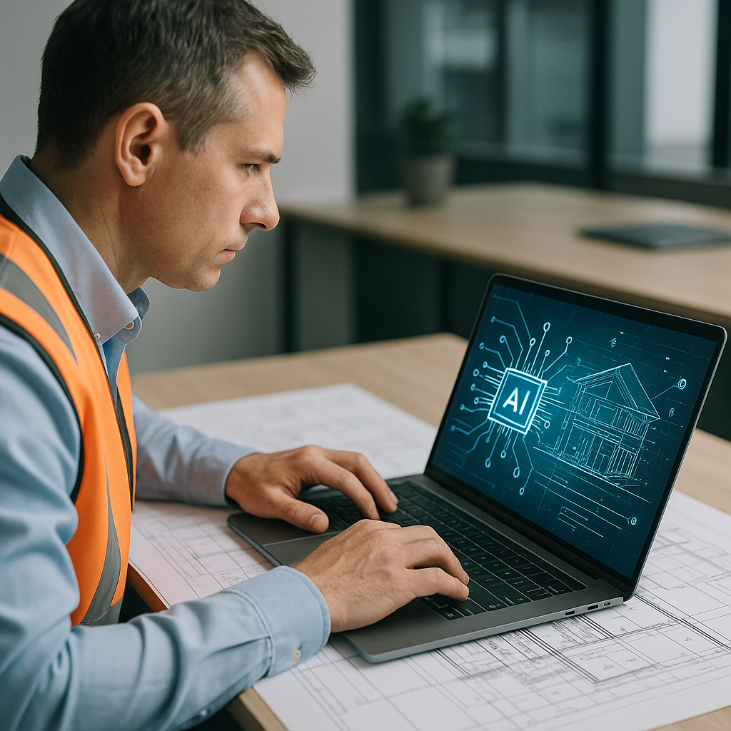 A construction estimator using an AI-powered tool on a laptop, with blueprints and digital overlays visible on-screen. M...