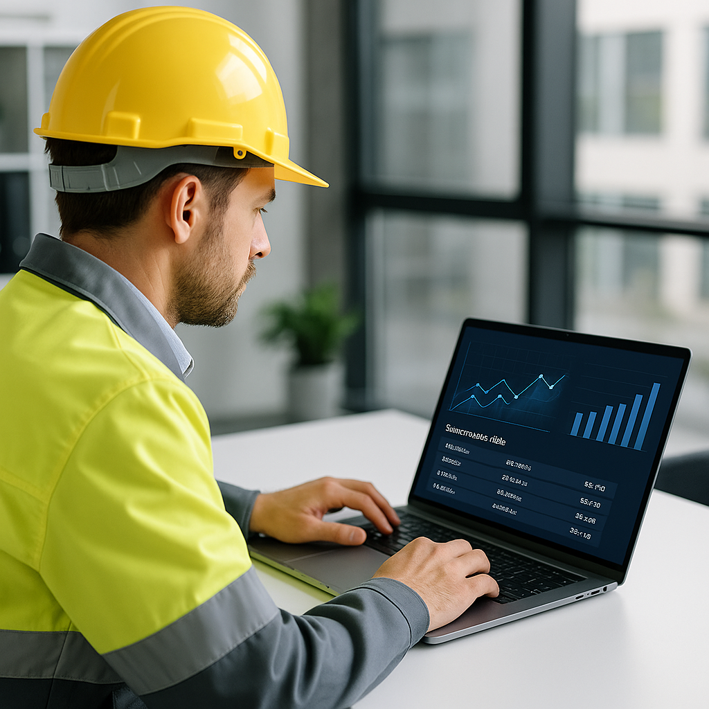 A construction estimator working on a laptop with AI-driven graphs and subcontractor bids displayed on the screen in a m...