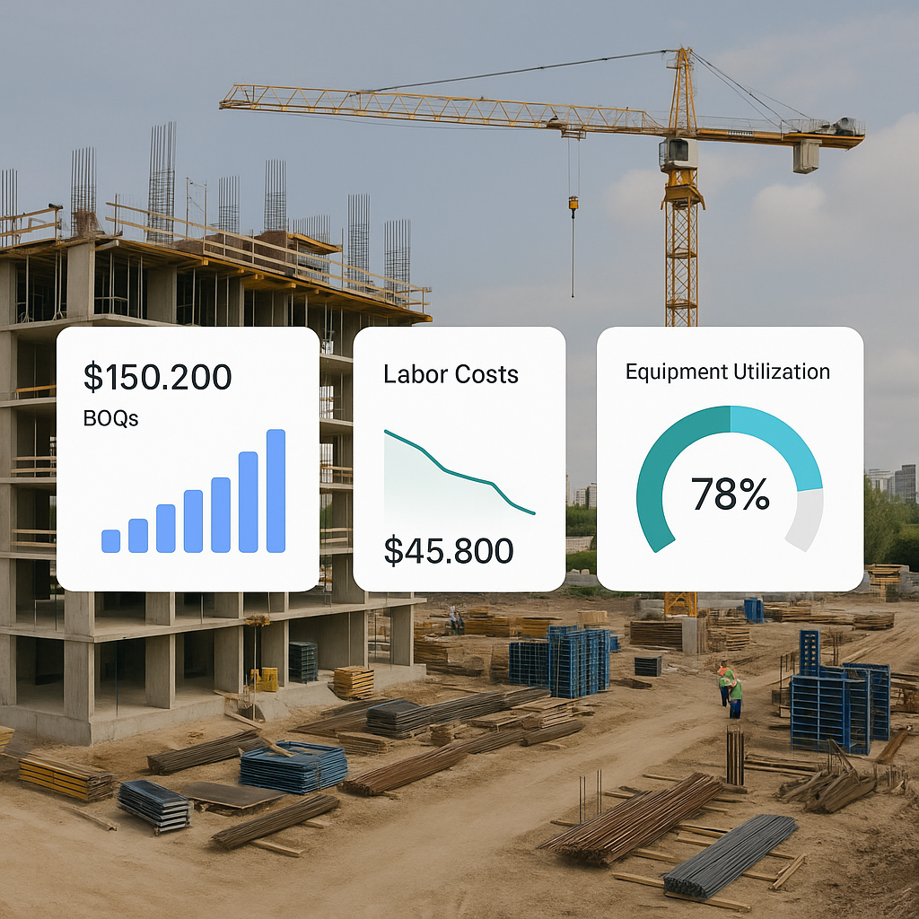 A construction site with an overlay showing digital dashboards tracking profitability metrics in real time, including BO...