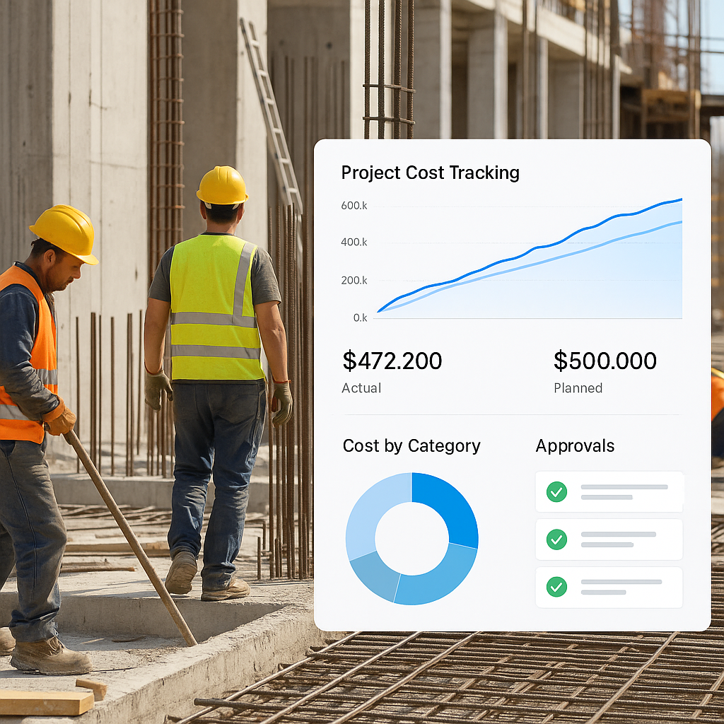 A construction site with subcontractors at work, overlaid with a digital dashboard showing project cost tracking and app...